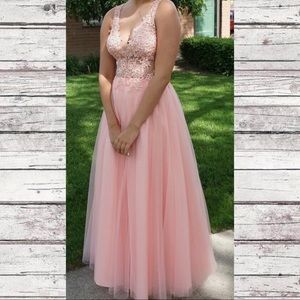 JVN by Jovani pink lace prom dress